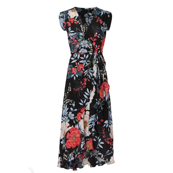 YUMI KIM Santorini Midi Wrap Dress Rain Forest Black Silk Floral Small Wedding - Picture 1 of 15